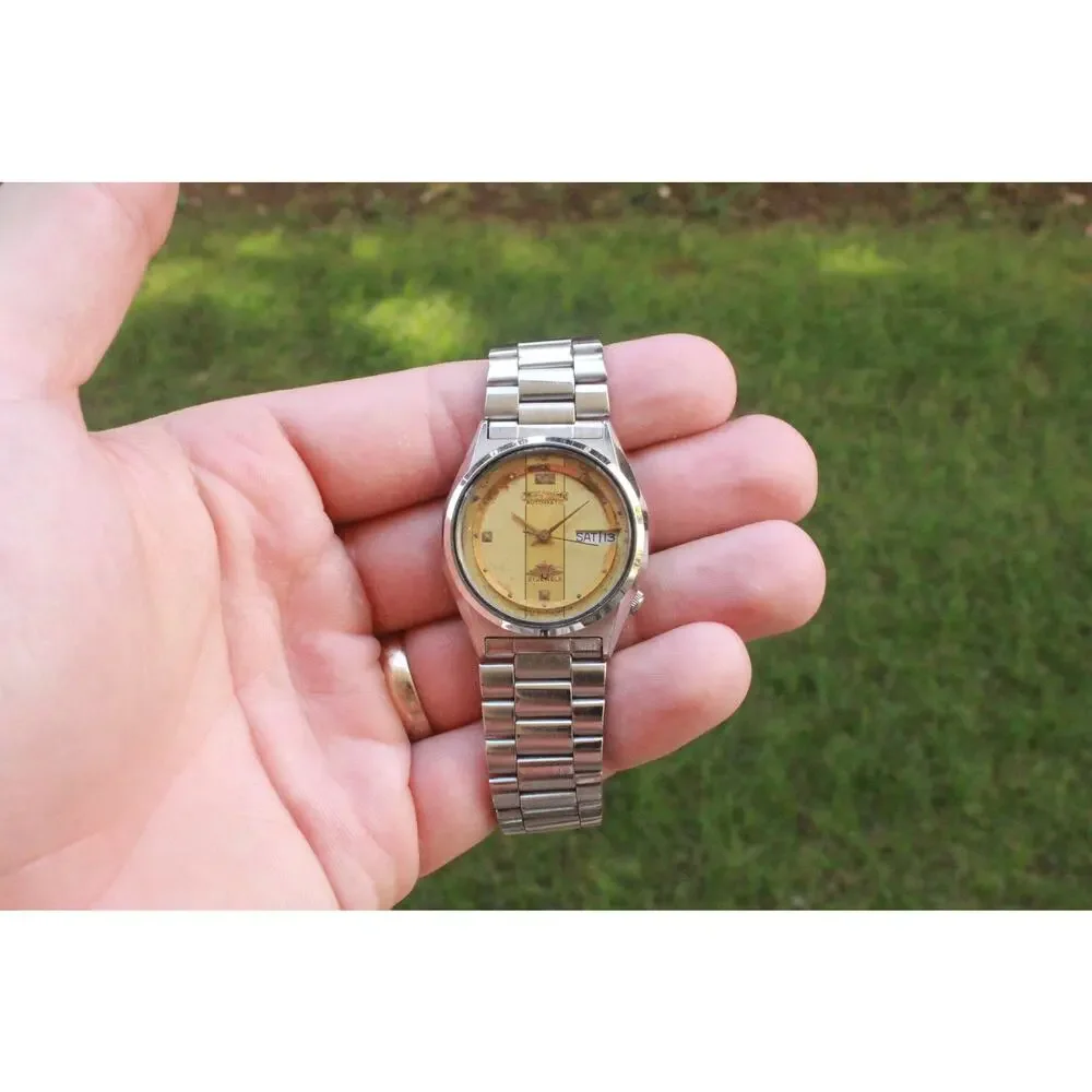 Vintage 1982 Citizen Automatic Mens Silver Watch W/daydate & Gold accents